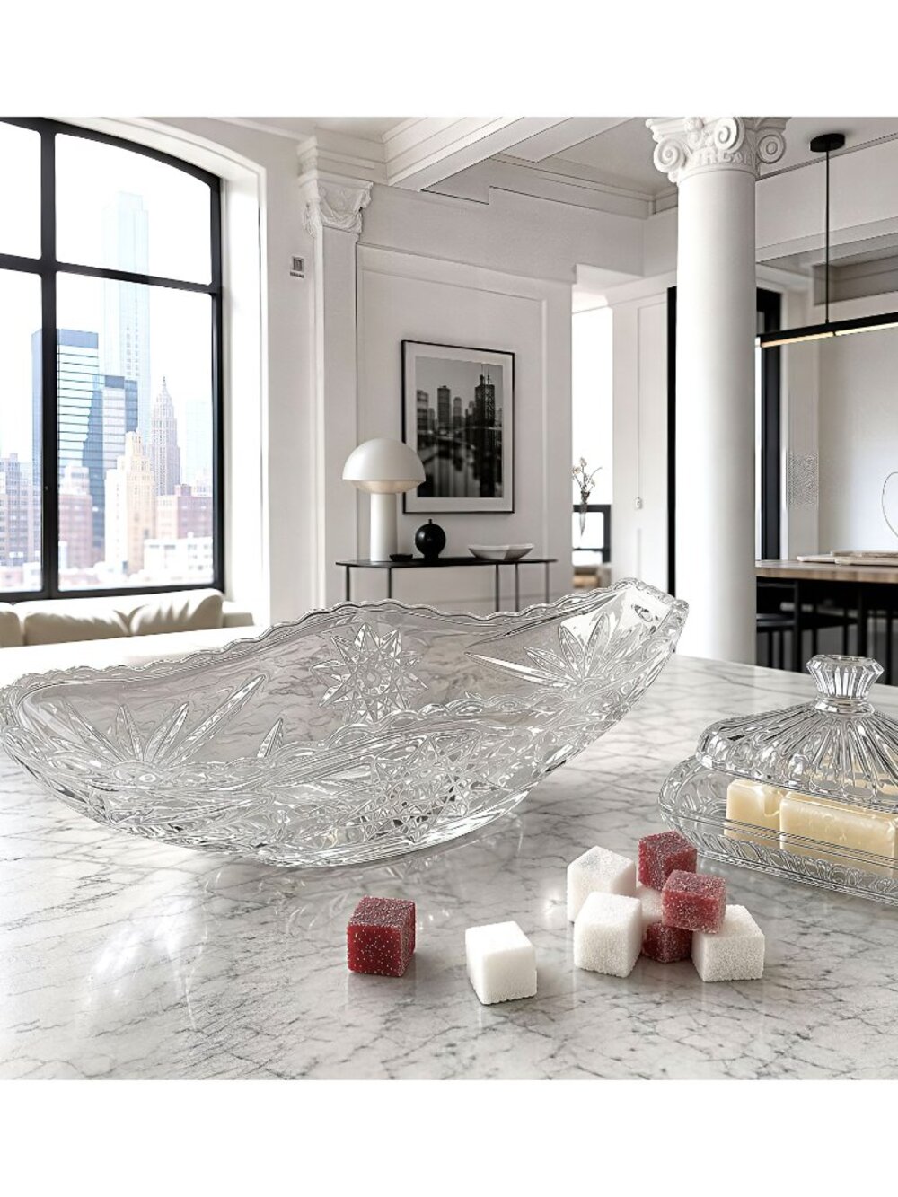 Vintage Clear Glass Canoe Serving Dish Starburst Pattern 9.5"